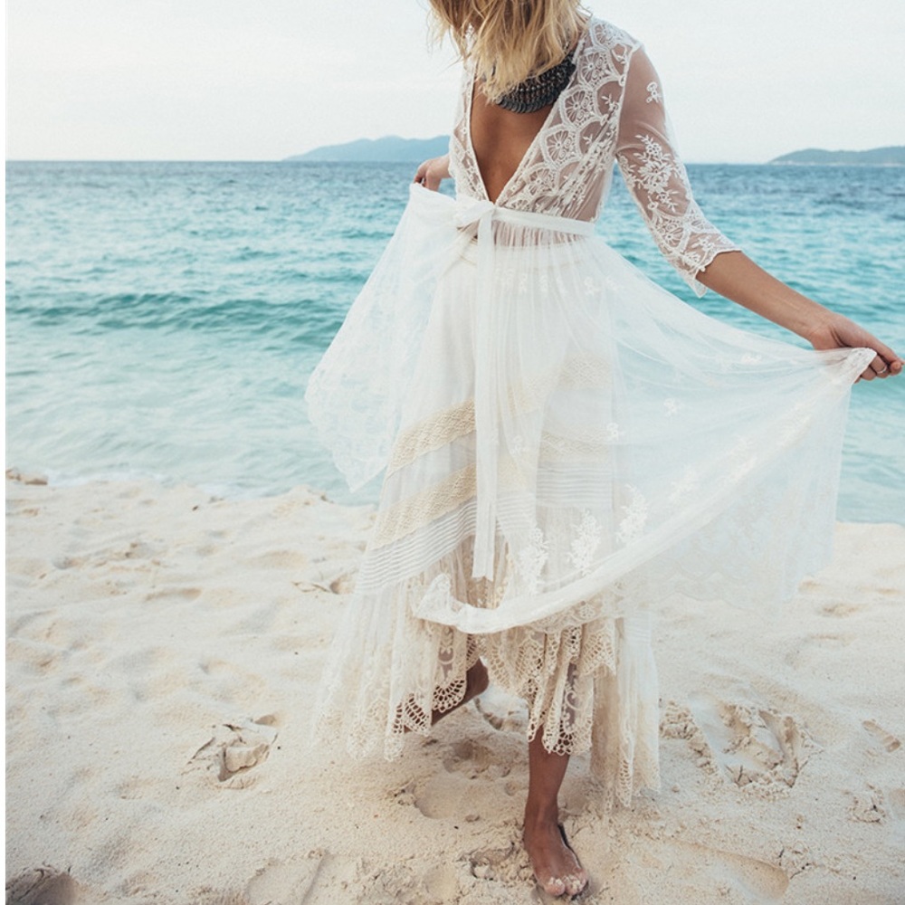 Vintage Lace Inspired Maxi Kimono Style Duster Robe Intricately Designed. White - Picture 9 of 14